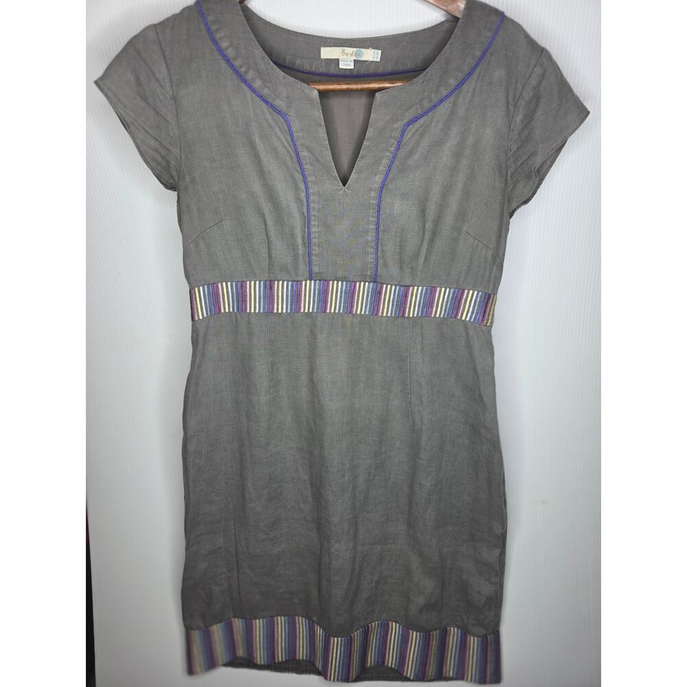 Boden Grey 100% Linen Dress with Striped Trim -
8R Boho Cottagecore coastal
